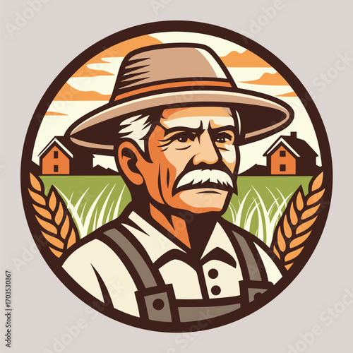 Friendly farmer with hat oversees rural farm lands, with houses and wheat