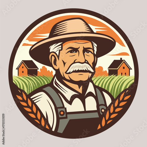 Smiling farmer in straw hat stands proudly amid his rural farm landscape scene