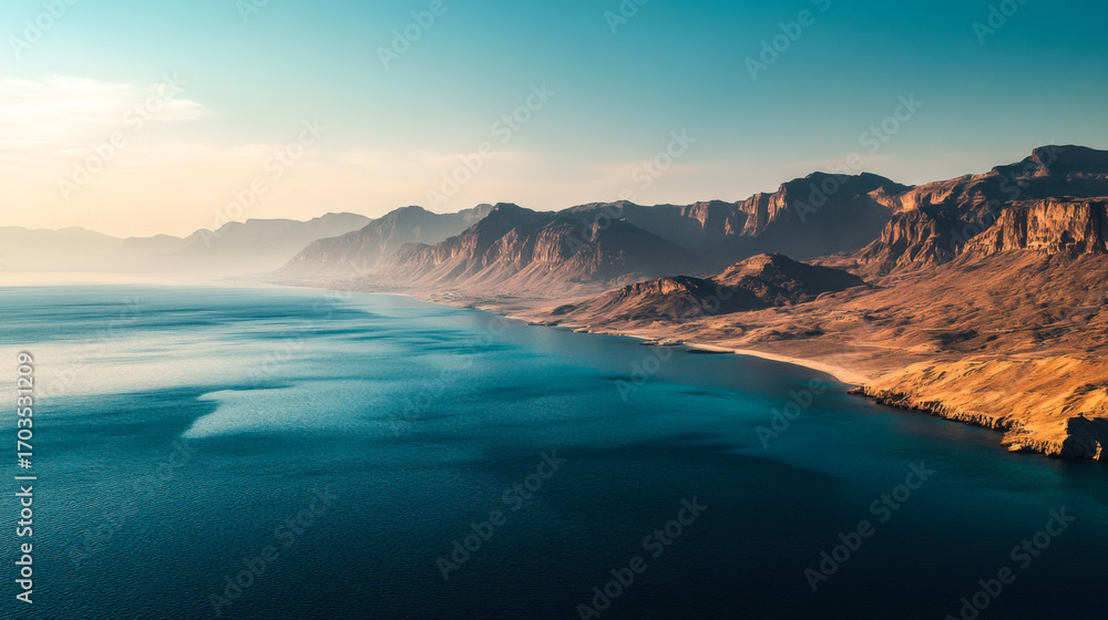 Obraz premium Stunning coastal view of rugged mountains meeting calm waters during sunset in a scenic location