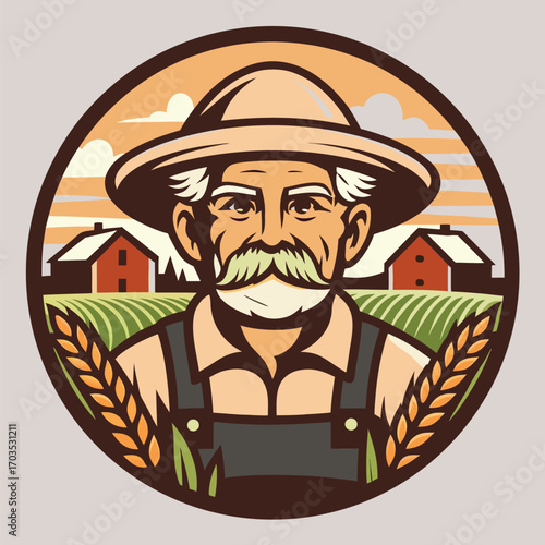 Old Caucasian farmer wears overalls and straw hat standing before wheat fields in sunset