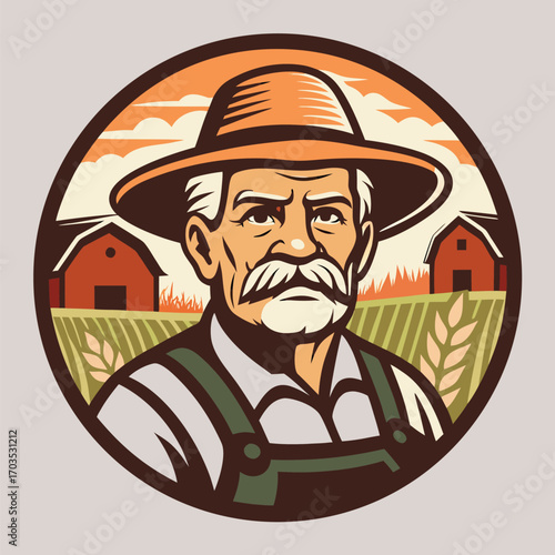 Farmer with straw hat and mustache looks over field with barn houses