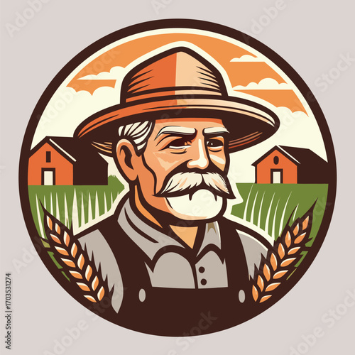 Older white farmer looks out from rural land with hat and mustache