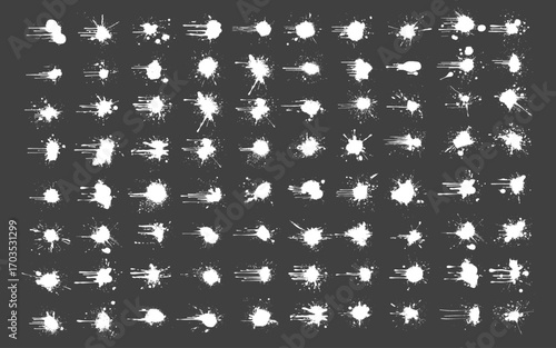 Big collection of white ink blots with drops. Different  Paint ink splatter on black background. stains set. Splash of paints with drops.