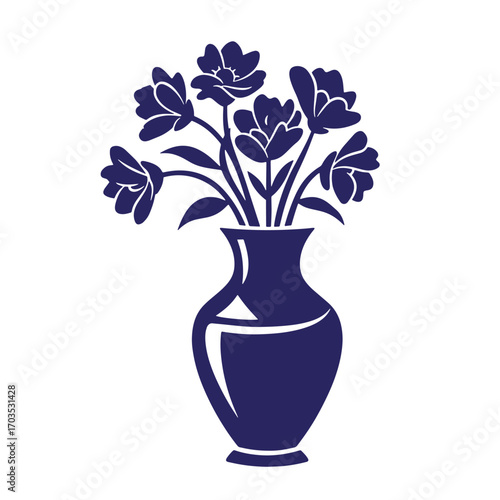Elegant blue floral arrangement illustration within a decorative vase on an isolated white background