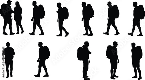 Silhouettes of male and female backpackers, travelers walking, outdoor hiking vector, black shadow figures, trekking, journey, adventure icons