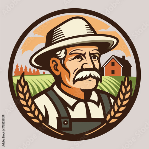 Determined farmer in overalls wearing hat poses proudly on his land with grain decoration