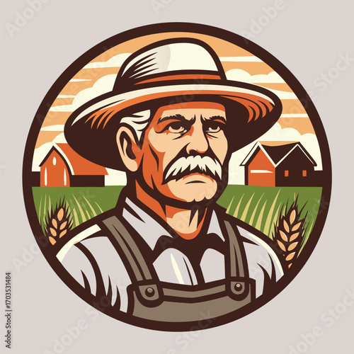 White farmer wearing a straw hat stands before the farm field during sunset