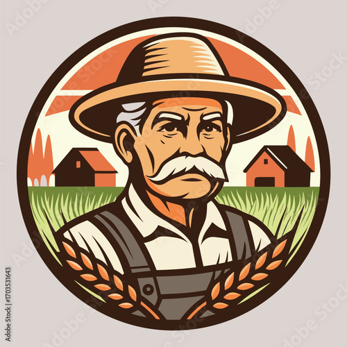 Vintage Caucasian farmer wearing hat and overalls stands proudly before his farm