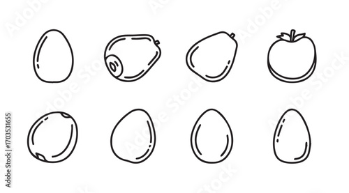 Collection of hand drawn oval shaped fruits and vegetables silhouette