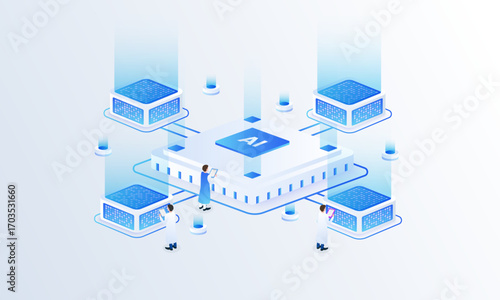 Artificial intelligence chip isometric vector illustration. Quantum ai chip technology concept, computer electronics and AI systems landing page template.