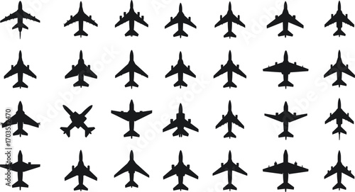 Airplane silhouettes vector, aircraft top view, jet plane icons, aviation design element, military and commercial airplane graphic set