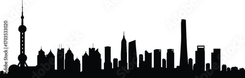 Modern city skyline silhouette, urban landscape vector, tall buildings, famous towers, cityscape design, black city horizon illustration