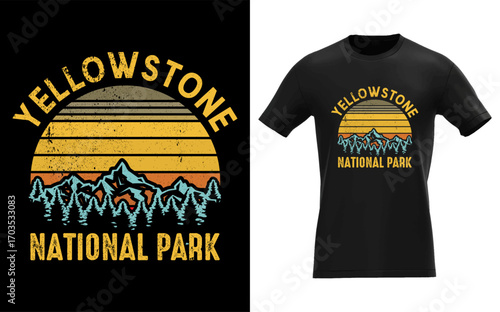 Retro 1980s style yellowstone national park graphic design with vintage elements