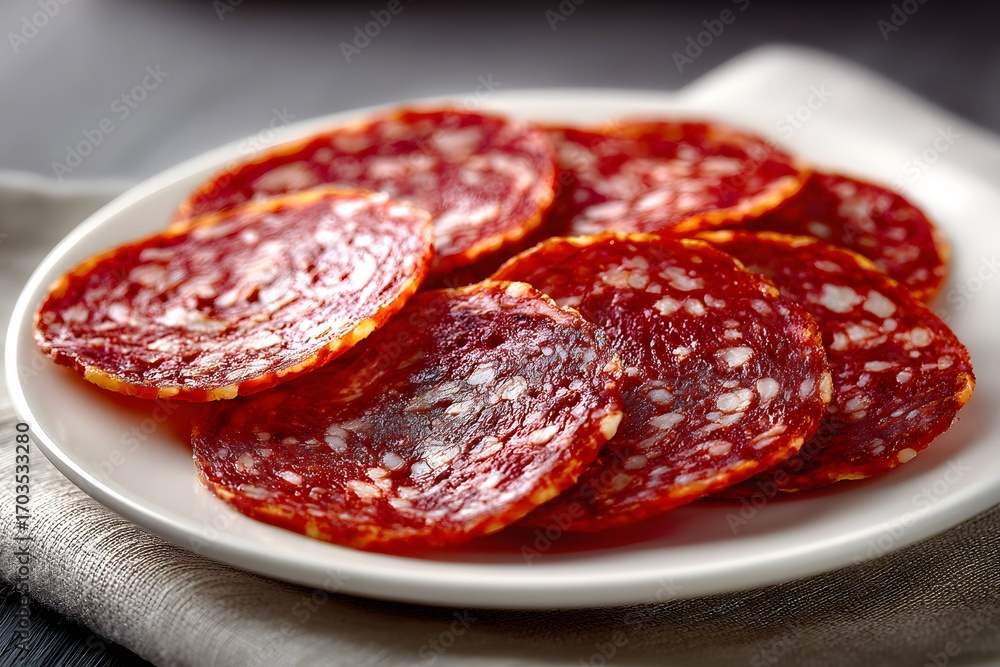 Obraz premium Vivid, tantalizing pepperoni slices elegantly arranged on a pristine white plate reveal their juicy, textured richness.