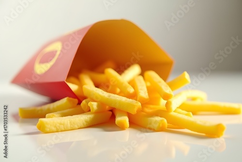 Crispy french fries in a red paper bag
