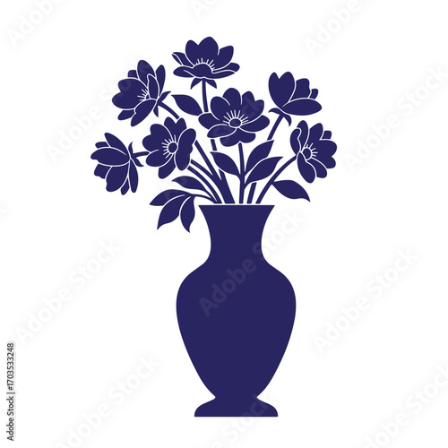 Elegant vector illustration of a navy blue vase filled with blooming flowers isolated on white