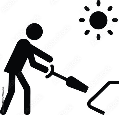 Man uses vacuum cleaner during sunny day, illustrating household chores through a simple monochrome icon