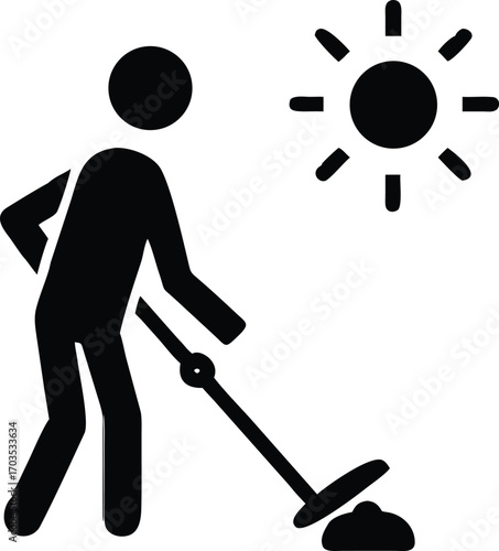 Black silhouette person uses floor cleaner under bright sun in this minimalist icon
