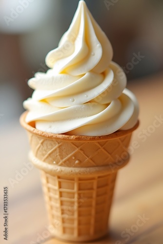 Delicious vanilla ice cream in waffle cone