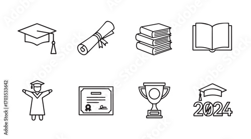 Collection of graduation icons featuring a silhouette of a graduate and academic symbols