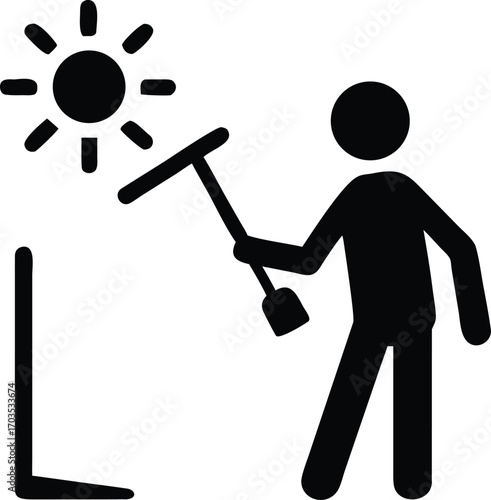 Black stick figure uses pickaxe tool under sun, signifying mining industry work
