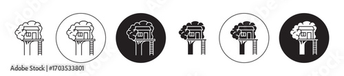 Tree house icons collection in black filled and stroke line style