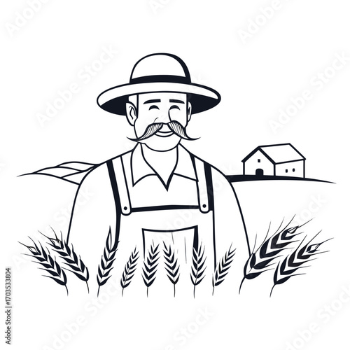 Smiling farmer with mustache wears a hat standing in the wheat field near a house