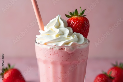 Refreshing strawberry milkshake topped with whipped cream and a fresh strawberry