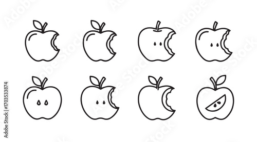 Collection of hand drawn apple silhouettes showing various bites and slices