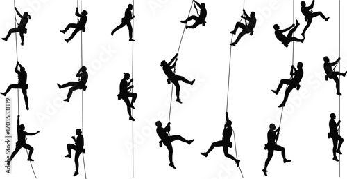 Silhouette climbers on ropes, adventure sports, mountaineering activity, climbing training, rope access, extreme sport scene, fitness climbing challenge, active lifestyle concept