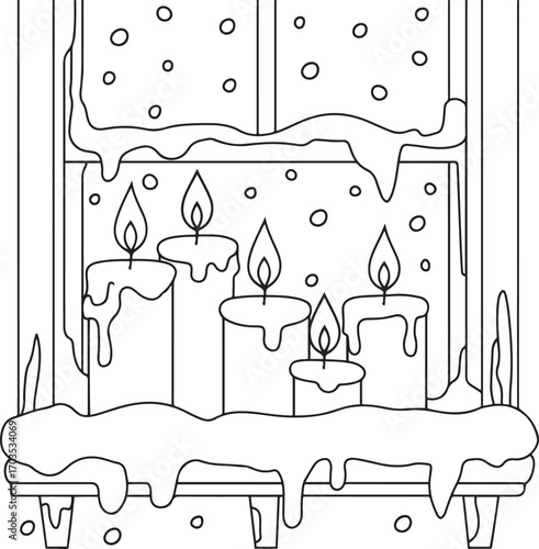 Three Melting Candles on a Window Sill Winter Coloring Page