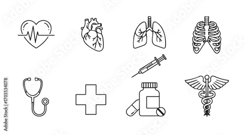 Collection of medical icons including heart lungs skeleton and stethoscope silhouette