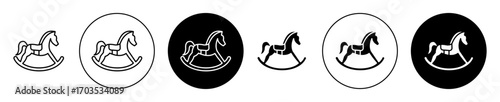 Rocking horse icons collection in black filled and stroke line style