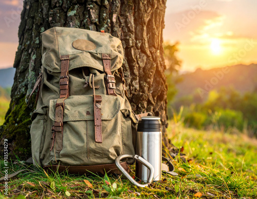 Illustration of a backpack placed near a tree in an autumn setting, surrounded by colorful fall leaves and warm hues, evoking a cozy and adventurous outdoor atmosphere.