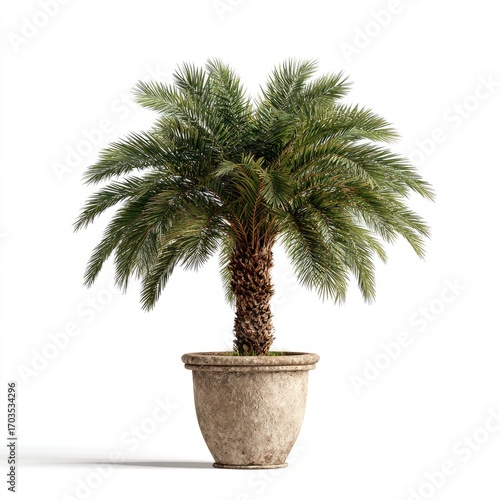 A lush date palm tree in a large, light-beige stone urn, isolated on a white background, showcasing its feathery fronds and textured trunk