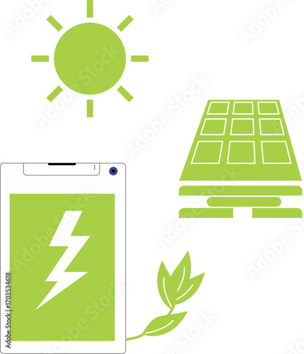 Conceptual illustration of renewable solar energy, showing the sun, a solar panel, and a battery storing green power.
