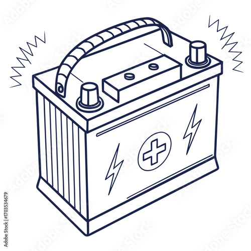 A simple line drawing illustration of a car battery with a handle and electrical charge symbols representing power and energy storage for vehicles