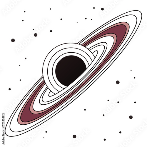 Stylized illustration of a black hole with a swirling accretion disk and scattered stars against a clean white background representing deep space phenomena and cosmic wonder