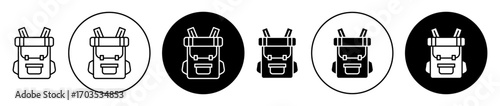 Hiking backpack icons collection in black filled and stroke line style