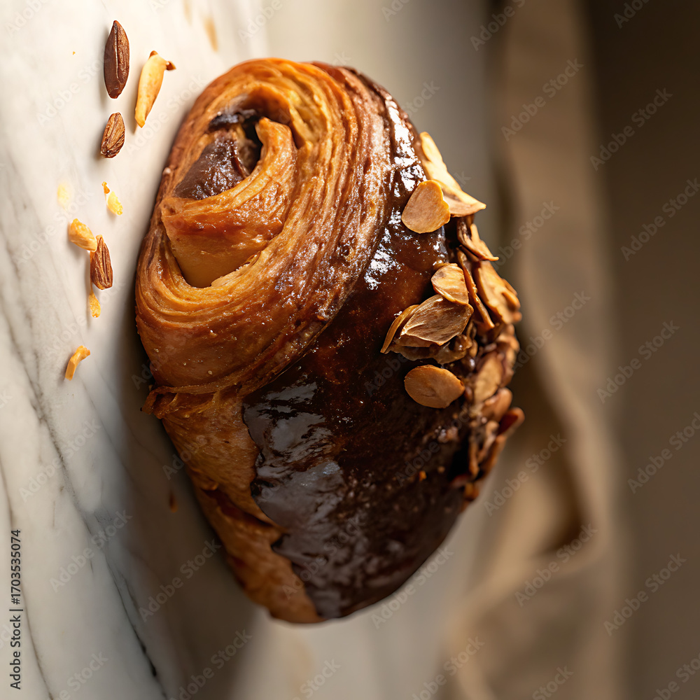 Deliciously baked croissant pastry topped with almond slices and drizzled with glaze Deliciously baked croissant pastry topped with almond slices and drizzled with glaze