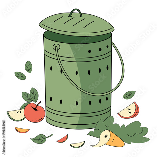 A green compost bin with a lid sits surrounded by fallen leaves and scraps of fruit and vegetables like apples and carrots illustrating organic waste recycling and sustainable living practices