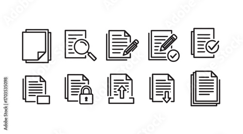 Collection of document and paperwork icons in a clean silhouette style