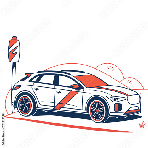 Modern white hatchback car with bold orange and navy blue graphic accents parked next to a stylized charging station with rolling hills in the background