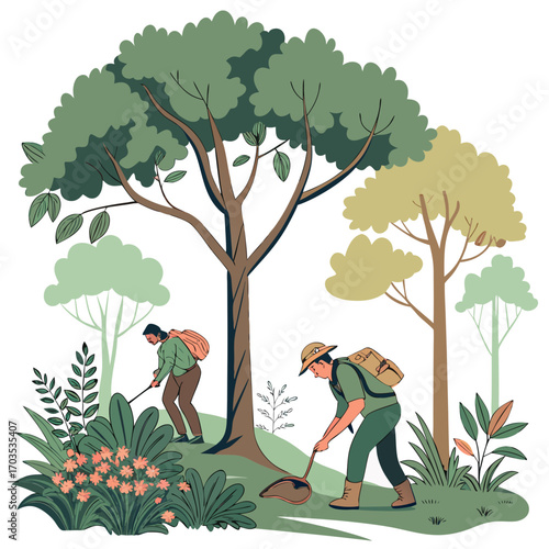 Two explorers in safari outfits with backpacks and nets are carefully examining the flora and fauna in a lush green forest environment with large trees and small flowers