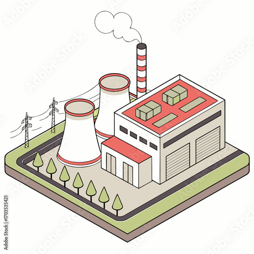 Isometric illustration of a modern industrial power plant with cooling towers a smokestack emitting steam and electrical transmission lines representing energy production and infrastructure