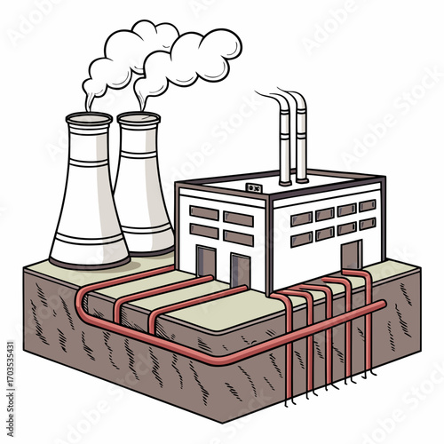 Diagram illustrating a geothermal power plant with cooling towers and underground pipes showing heat exchange system for energy generation and steam emission