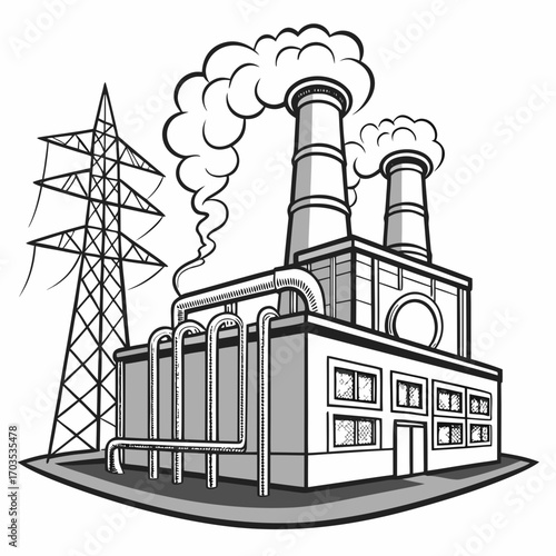 Industrial factory with smoking chimneys and power lines representing energy production and manufacturing depicted in a stylized black and white illustration