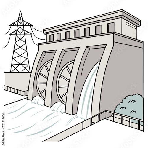 Illustration of a hydroelectric power plant with turbines generating electricity from flowing water and a transmission tower nearby