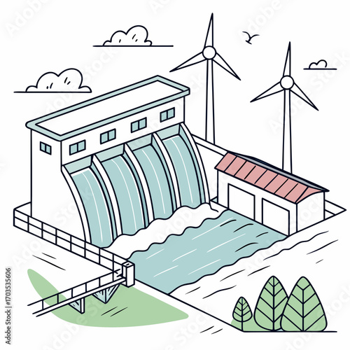 A stylized isometric illustration showcasing a hydroelectric dam with water flowing through its gates alongside two wind turbines representing renewable energy sources in a clean environment