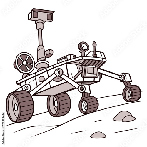 A whimsical cartoon illustration of a mars rover with six wheels exploring a rocky extraterrestrial landscape featuring a camera mast and scientific instruments